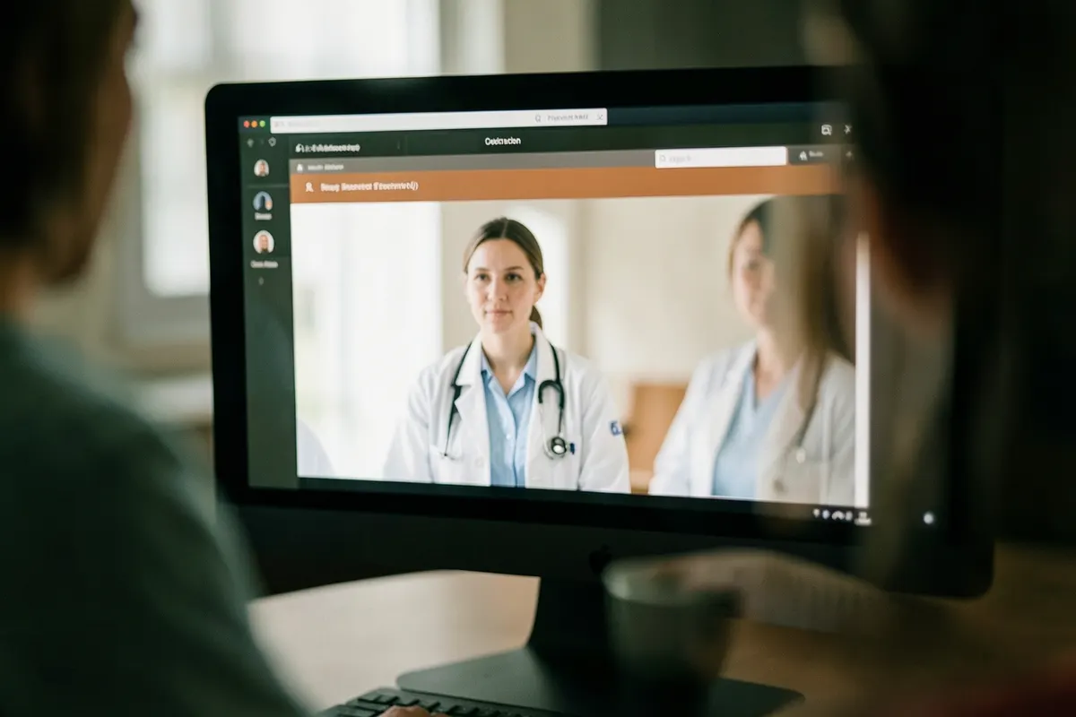Um médico ou terapeuta conversando com um paciente através de uma tela de computador.