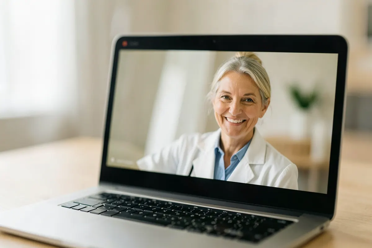 Tela de um laptop exibindo a interface de uma videochamada com um psiquiatra sorrindo, em um ambiente de escritório limpo e moderno.