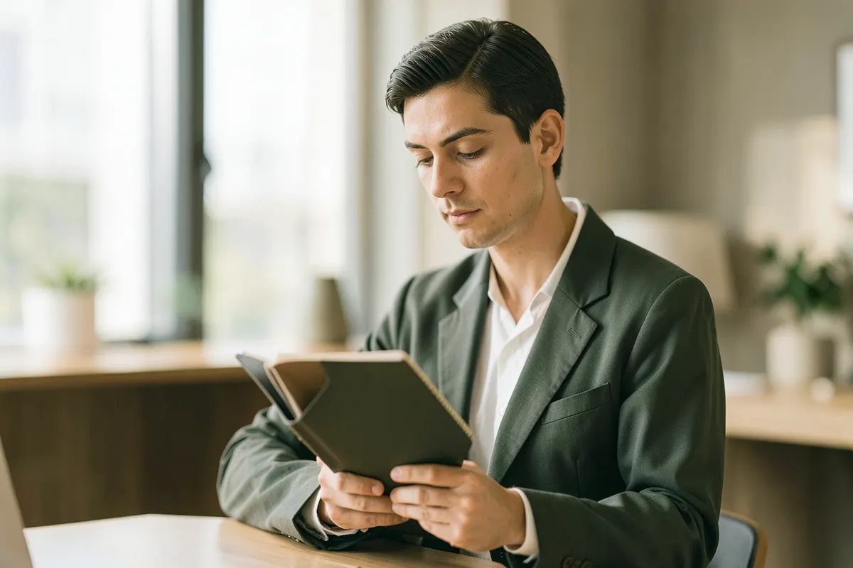 Psiquiatra examinando um prontuário em um escritório moderno e iluminado, com um laptop ao lado.