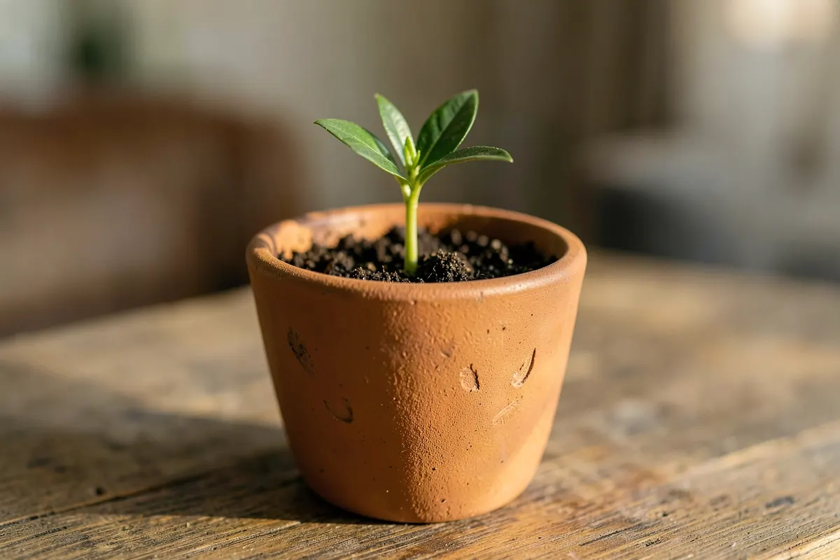 Uma planta crescendo em um vaso sobre uma mesa de madeira, com luz suave incidindo sobre ela, simbolizando crescimento e desenvolvimento.