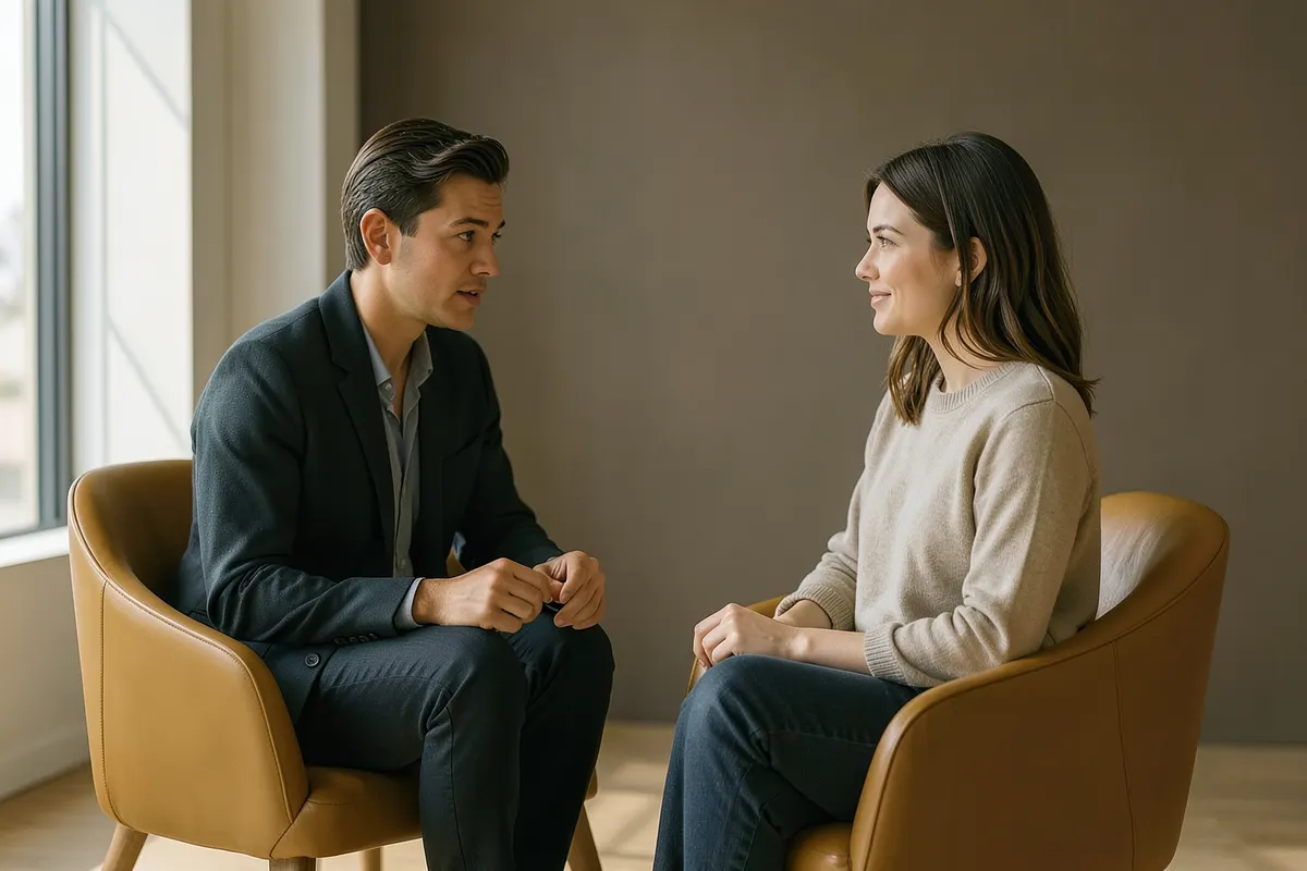 Terapeuta e paciente conversando em um consultório acolhedor, com iluminação suave e decoração minimalista.