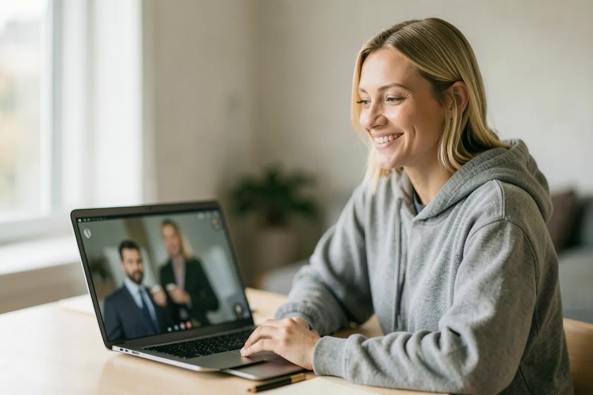 Mulher sorrindo enquanto participa de uma consulta psiquiátrica online em seu laptop, em um ambiente doméstico confortável.