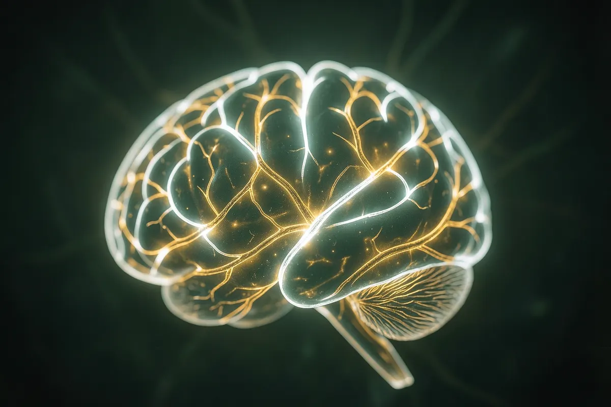 Close-up de um cérebro estilizado com conexões brilhantes, representando a atividade neural.