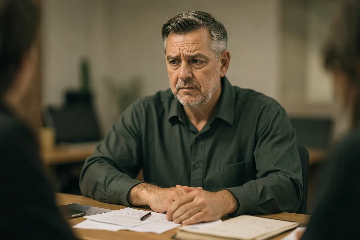 Homem adulto com expressão confusa olhando para uma pilha de papéis desorganizados em uma mesa.