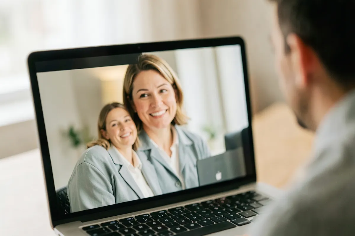 Psiquiatra sorrindo gentilmente para um paciente em uma consulta por videochamada em um laptop.