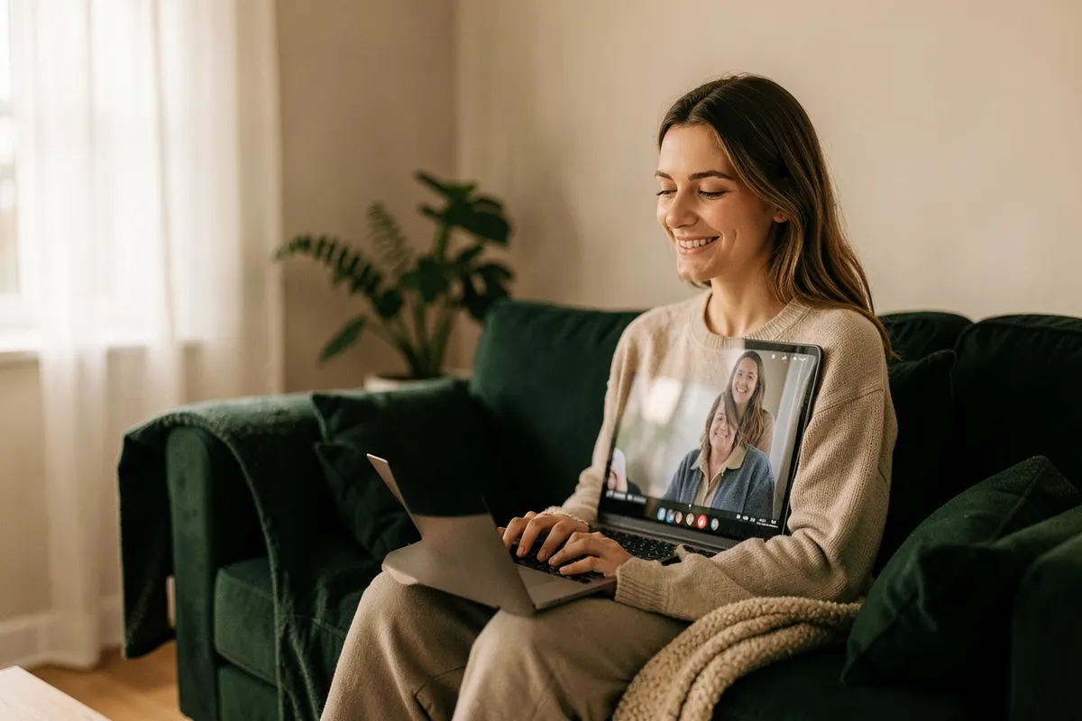 Mulher adulta sorrindo enquanto conversa com um terapeuta em uma videochamada, sentada em um sofá confortável em casa.
