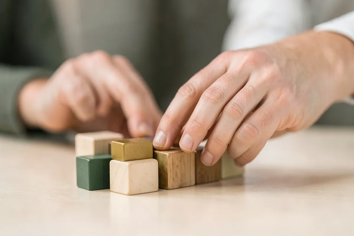 Mãos de um adulto organizando blocos de construção coloridos em uma mesa, simbolizando o tratamento.