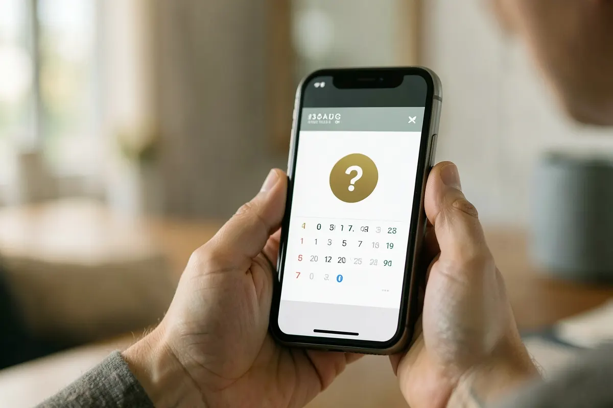Close-up de uma mão segurando um telefone com o ícone de um calendário e um sinal de interrogação.