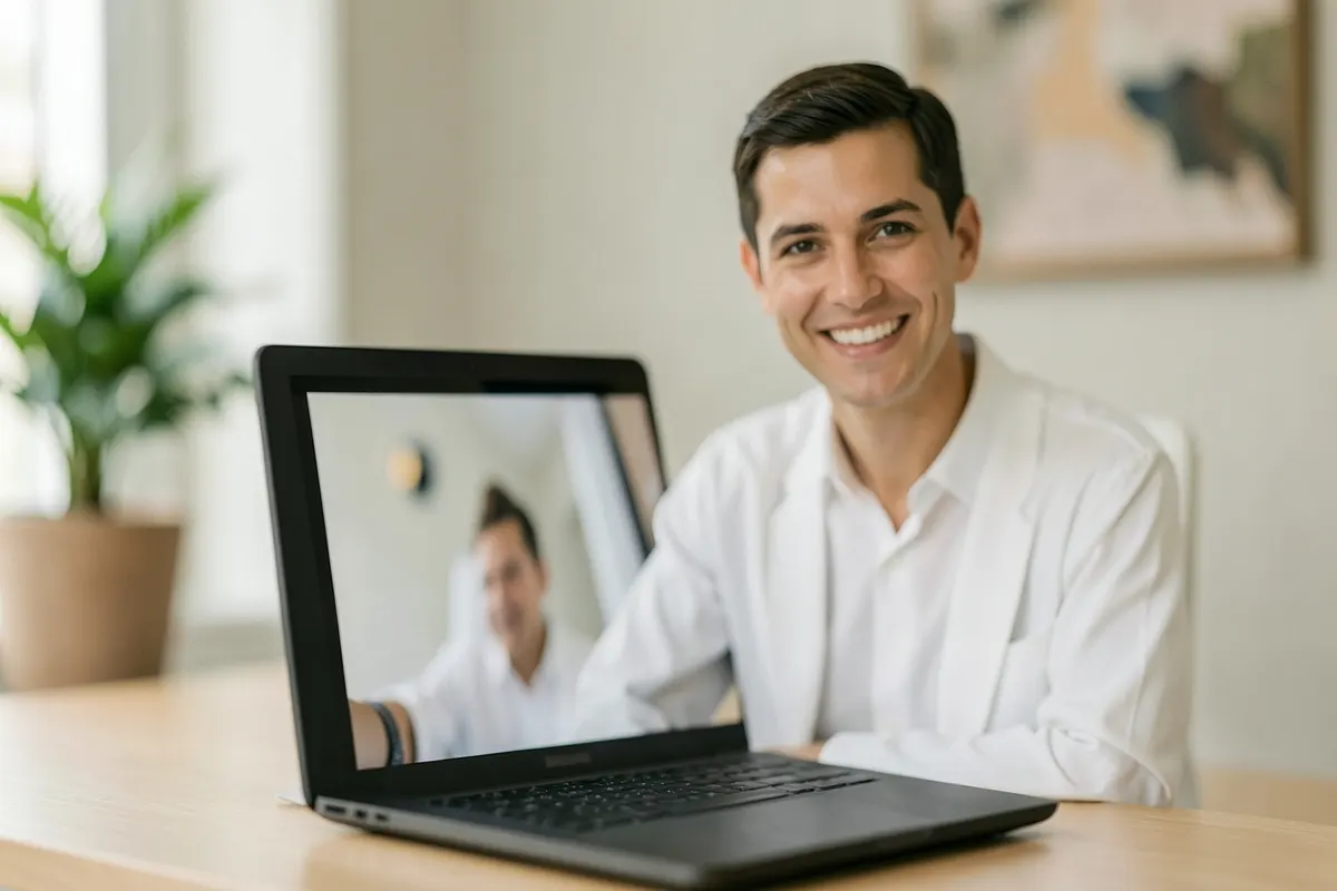 Psiquiatra sorrindo em uma videochamada, com um fundo desfocado de um consultório moderno.