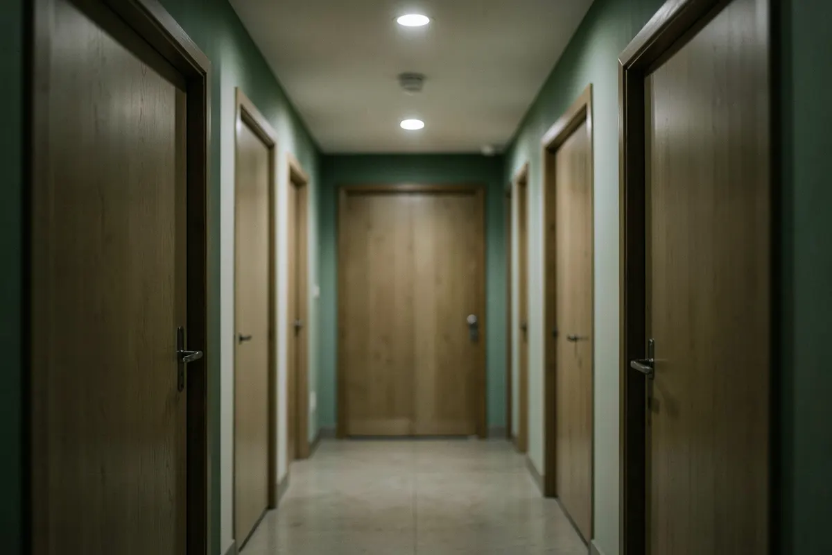 Uma pessoa olhando para várias portas fechadas, cada uma com um símbolo diferente, em um corredor.