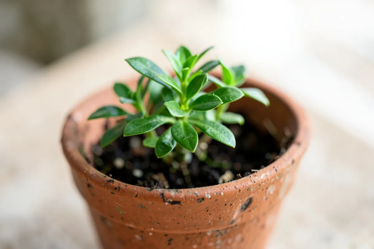 Uma planta crescendo em um vaso com luz do sol brilhante incidindo sobre ela.