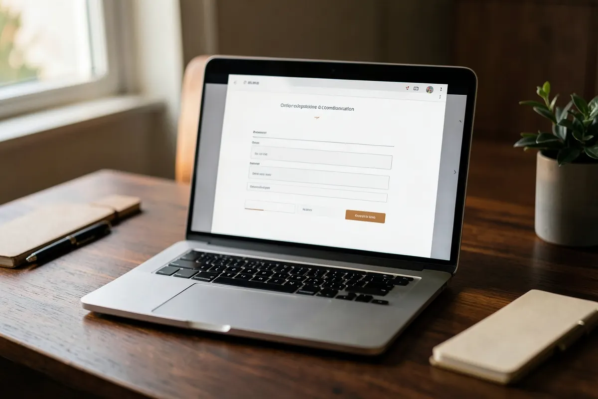 Um laptop exibindo um formulário de consulta online em uma mesa com um copo de água ao lado.