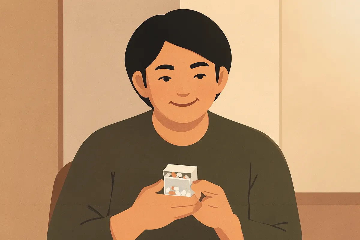 Uma pessoa olhando para uma caixa de comprimidos com um sorriso, em plano médio.