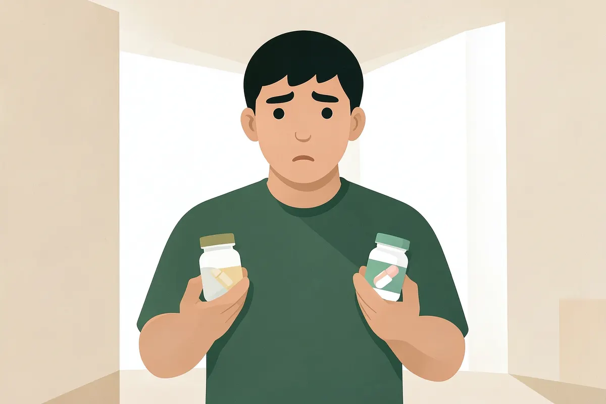 Uma pessoa com expressão confusa olhando para dois frascos de comprimidos diferentes, em plano médio.