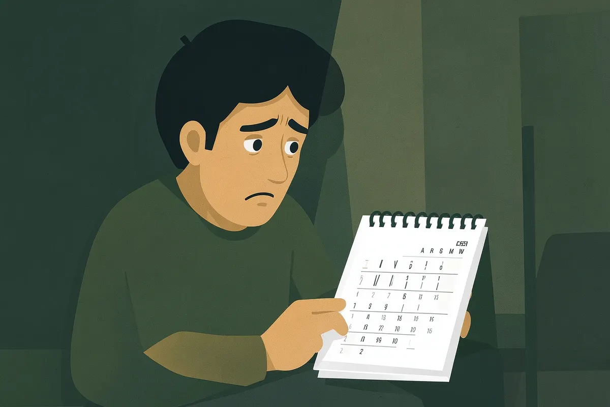 Uma pessoa com expressão de preocupação olhando para um calendário, em plano médio.