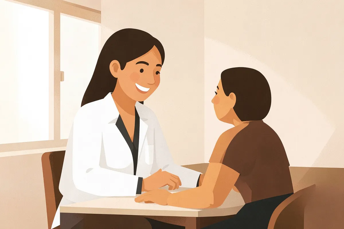 Uma médica sorrindo e conversando com um paciente em um consultório, em plano médio.
