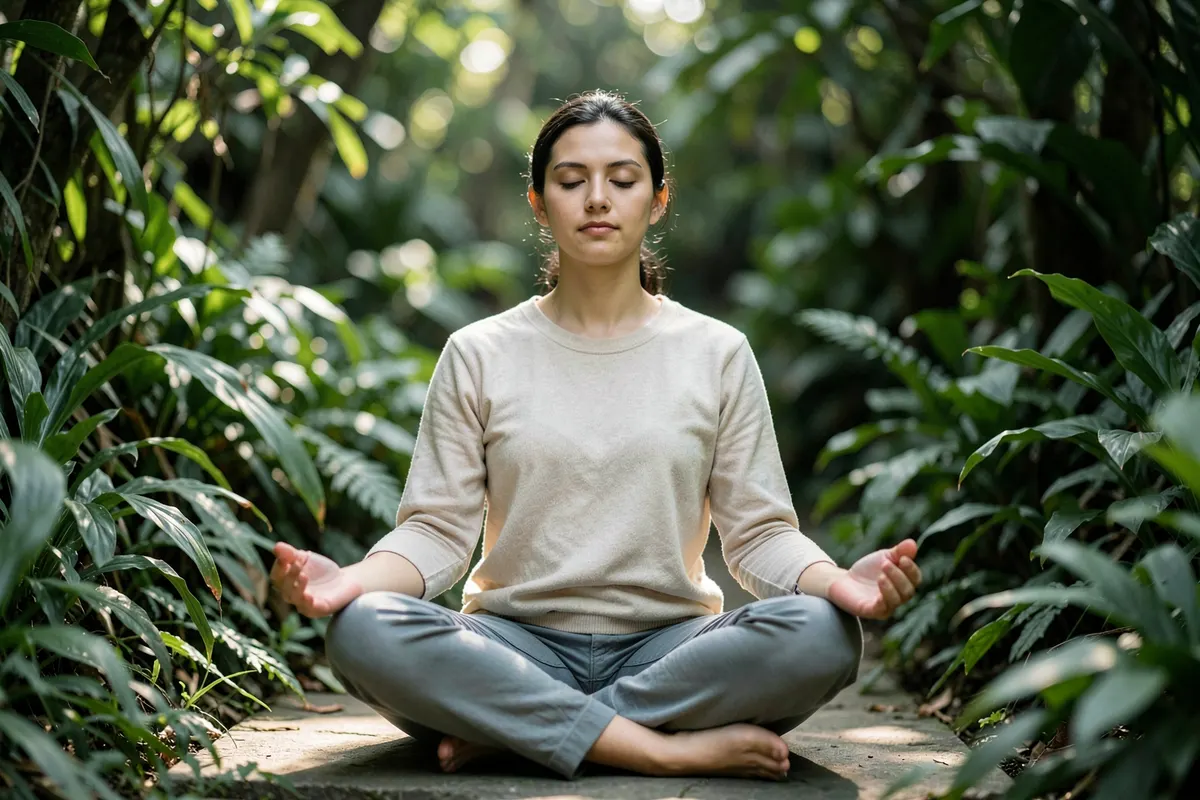 Uma pessoa meditando em um ambiente tranquilo com plantas.