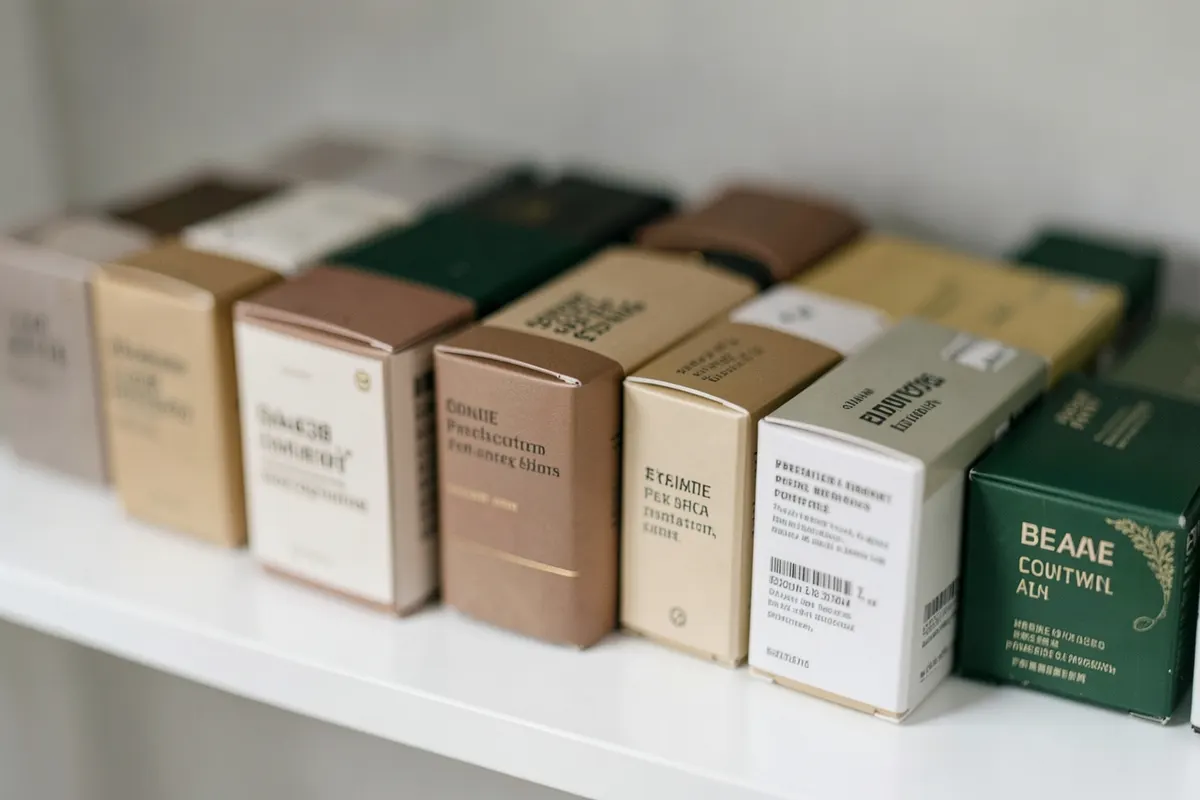 Variedade de caixas de medicamentos psiquiátricos em prateleira organizada.