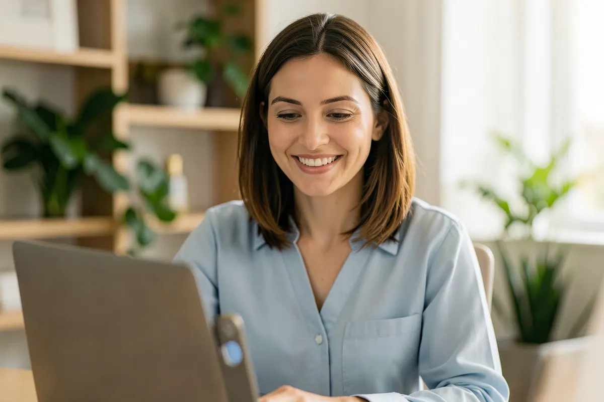 Psiquiatra sorrindo em videochamada com paciente em casa.