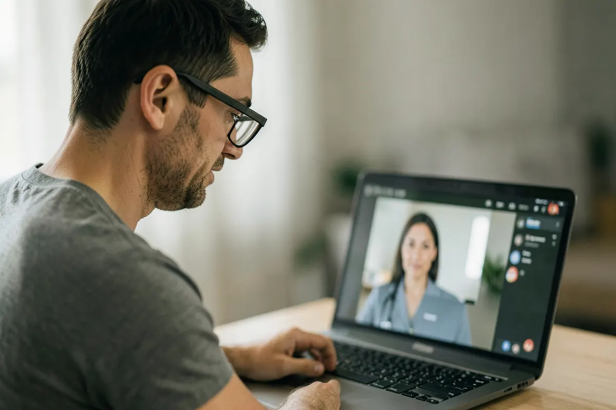 Homem em consulta psiquiátrica online por videochamada em um laptop.