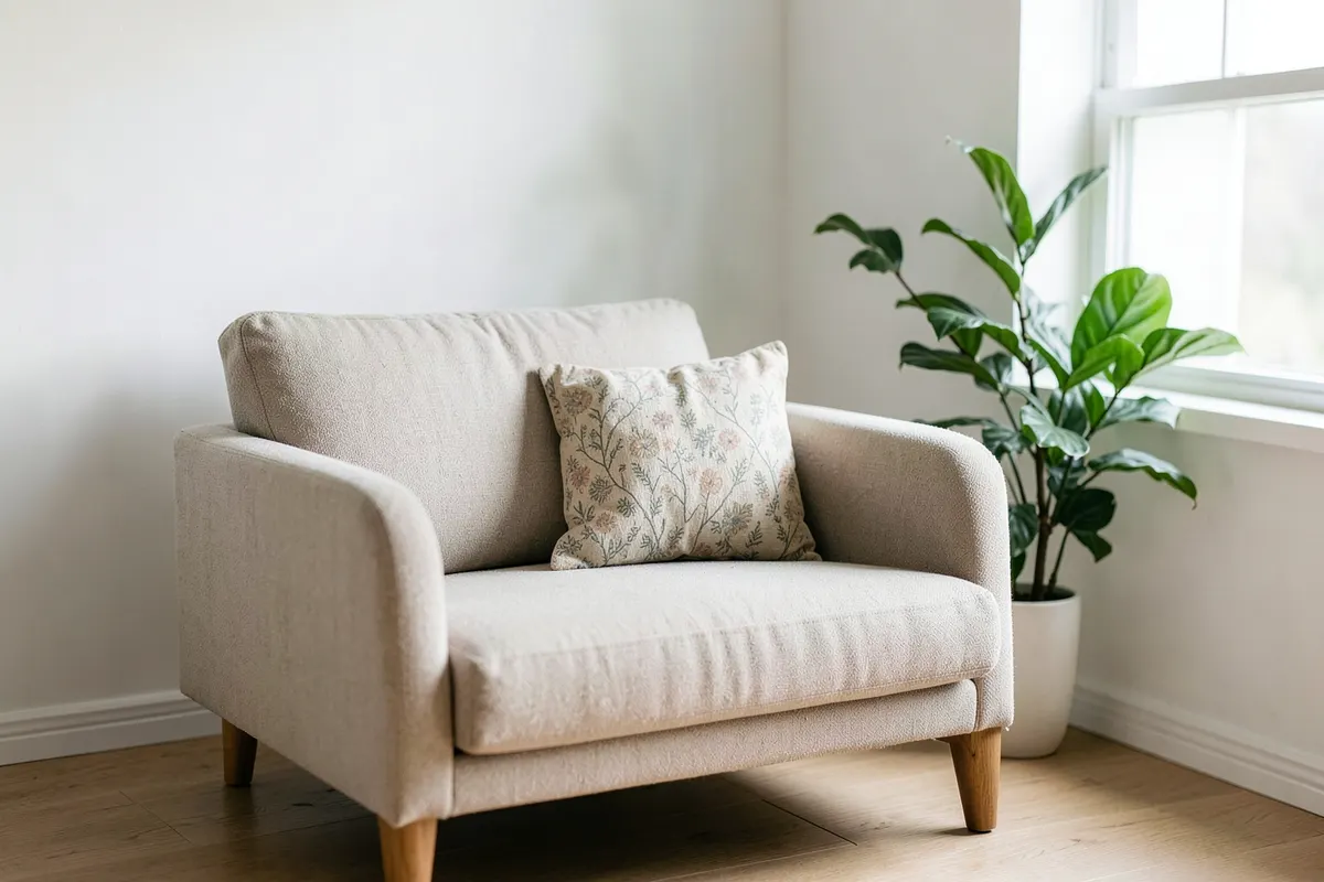 Um divã de terapeuta vazio em uma sala de estar clara e minimalista, com uma planta verde em um canto, simbolizando a terapia.