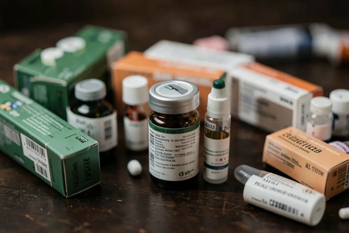Uma variedade de frascos de comprimidos e caixas de medicamentos psiquiátricos dispostos em uma superfície de madeira escura, com foco em alguns rótulos.