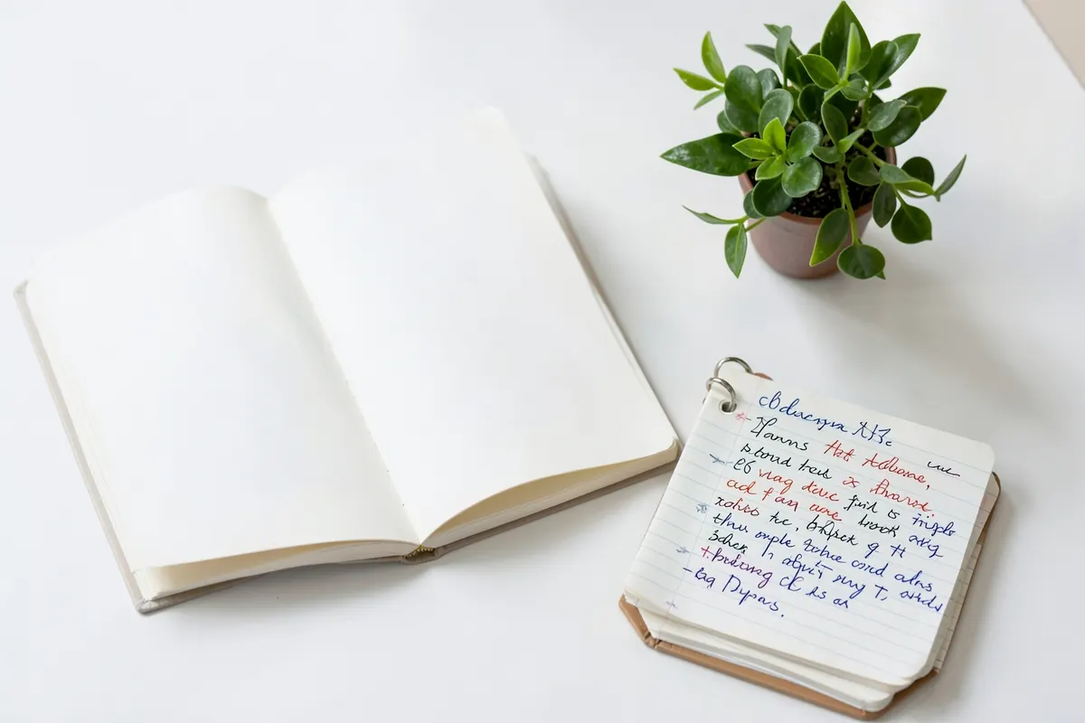Uma coleção de objetos representando diferentes tipos de terapia: um livro aberto, um caderno com anotações e um pequeno vaso de plantas.