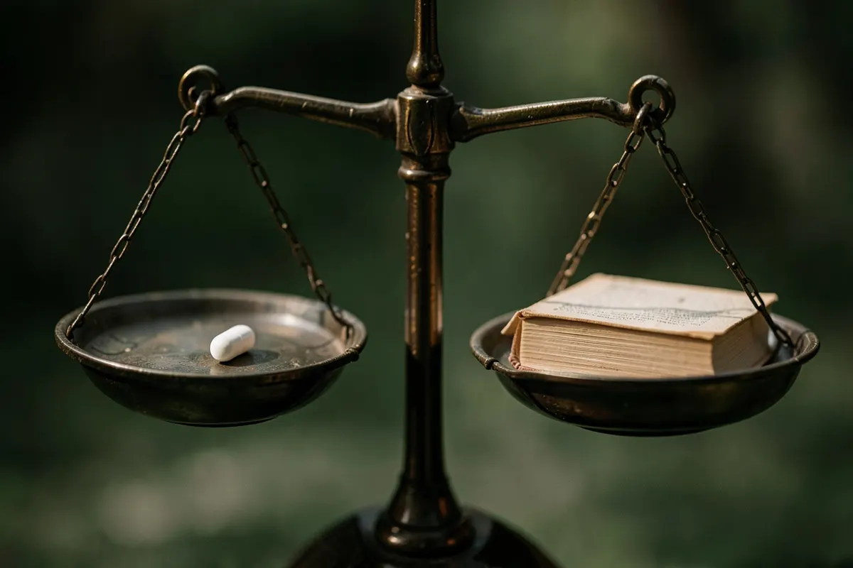 Uma balança de dois pratos, com um comprimido de um lado e um livro do outro, simbolizando o equilíbrio entre medicação e terapia.