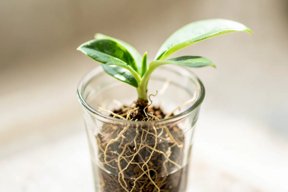 Uma planta crescendo a partir de um pequeno vaso, com suas raízes visíveis através do vidro, representando o crescimento proporcionado pela terapia.