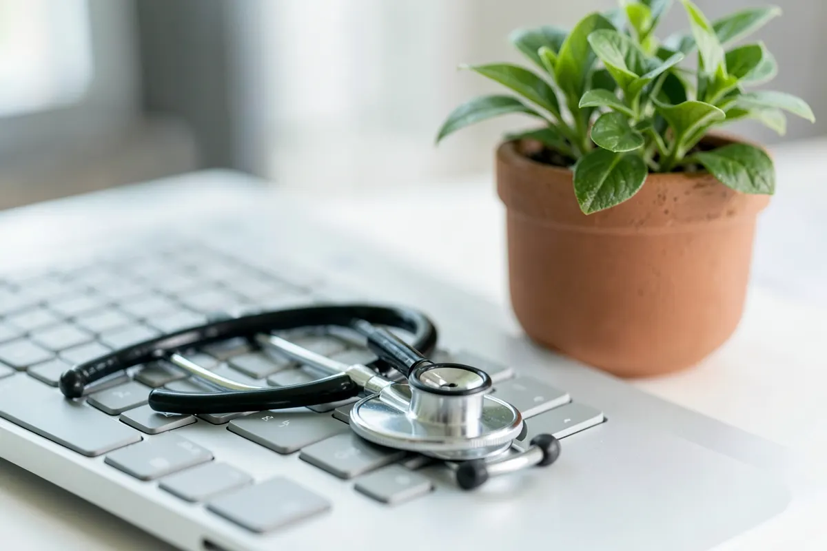 Um estetoscópio sobreposto a um teclado de computador, com uma pequena planta ao lado, representando a ajuda da tecnologia na saúde mental.