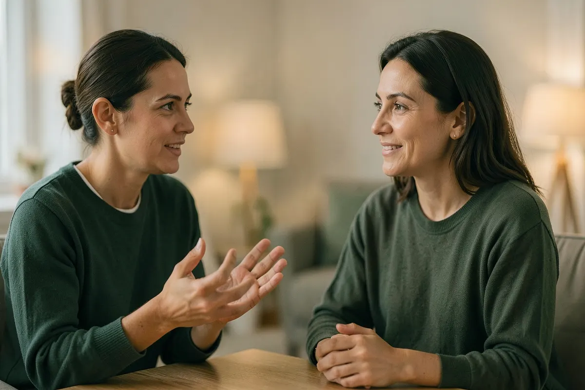 Duas pessoas conversando em um ambiente acolhedor, uma delas gesticulando levemente enquanto a outra ouve atentamente. A iluminação é suave e indireta.