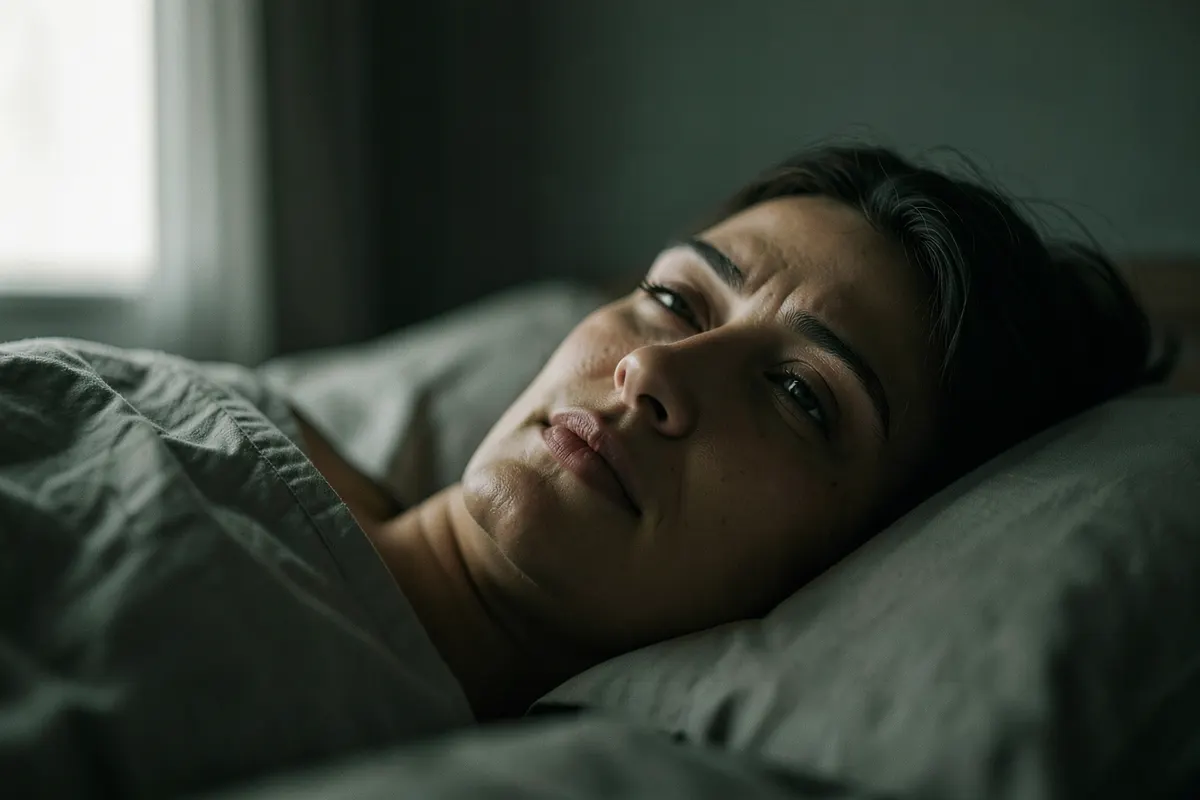 Uma pessoa deitada em uma cama, olhando para o teto com expressão de cansaço e desânimo. A luz é fraca, vinda de uma janela lateral.