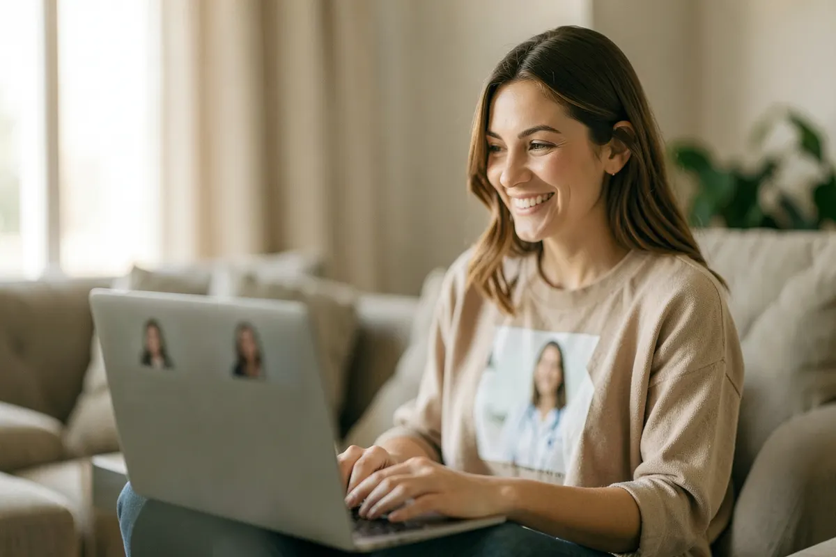 Mulher sorrindo enquanto participa de uma videochamada em seu laptop, em um ambiente de sala de estar bem iluminado e moderno. A tela do laptop mostra uma interface de chamada.