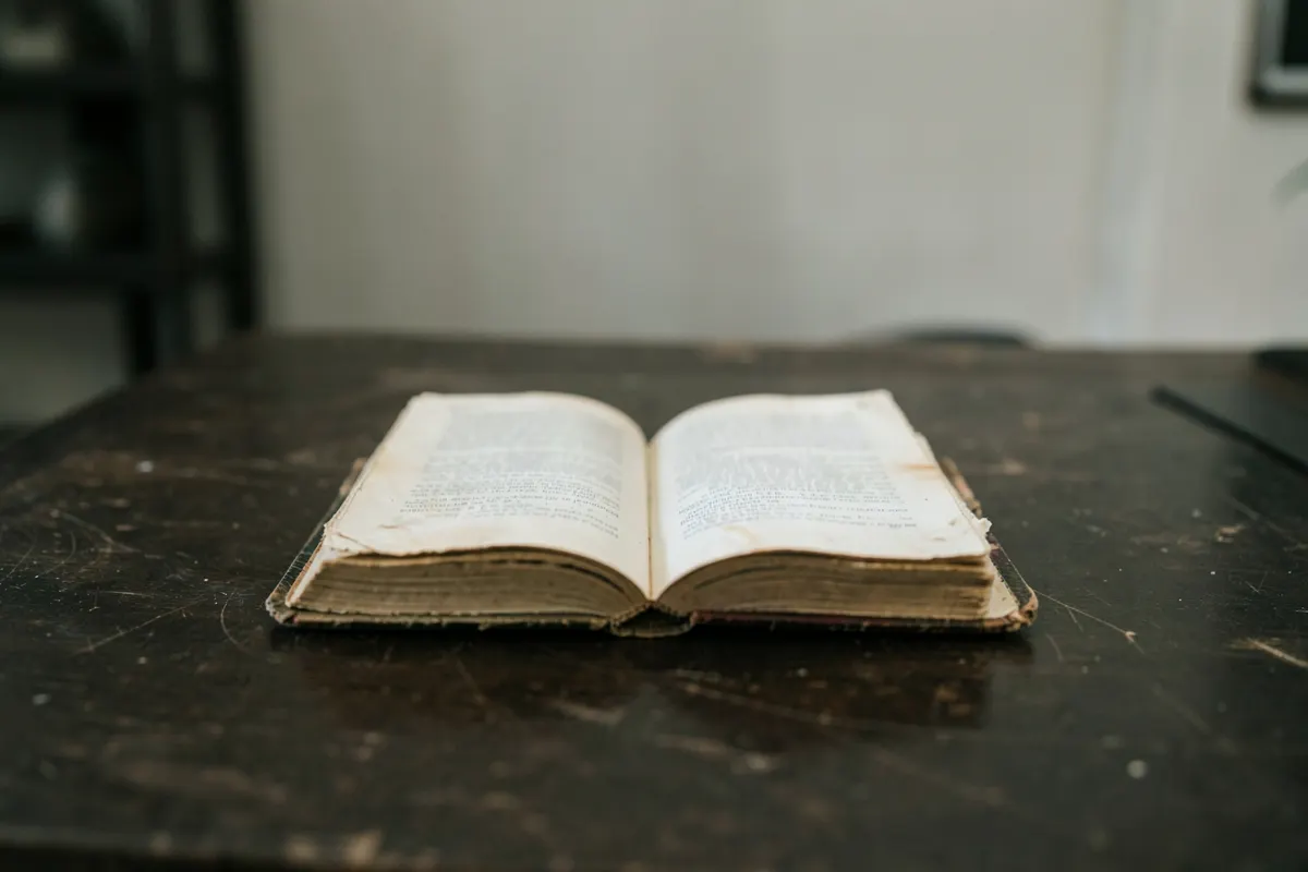 Um close-up de um livro antigo com a capa desgastada, com páginas amareladas visíveis, sobre uma mesa de madeira escura. A luz suave vem de cima, iluminando o centro do livro.