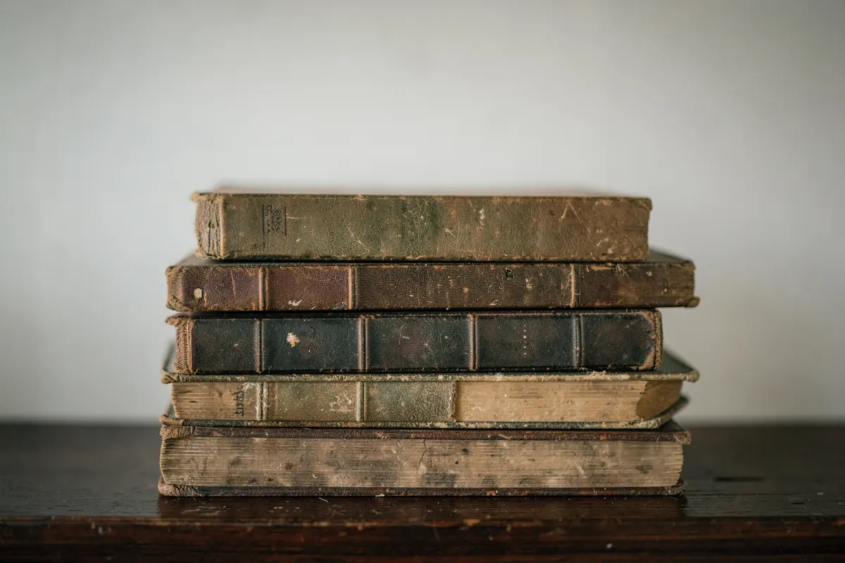 Uma pilha de livros grossos e antigos, com capas de couro em tons terrosos, empilhados em uma estante de madeira escura. A luz ambiente da sala ilumina a cena de frente.
