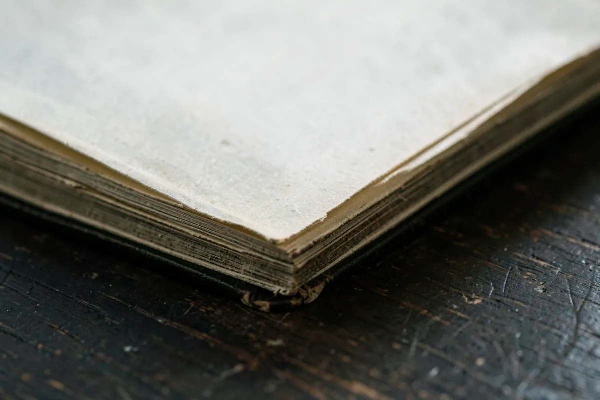 Um close-up de um livro antigo com a capa desgastada, com páginas amareladas visíveis, sobre uma mesa de madeira escura. A luz suave vem de cima, iluminando o centro do livro.