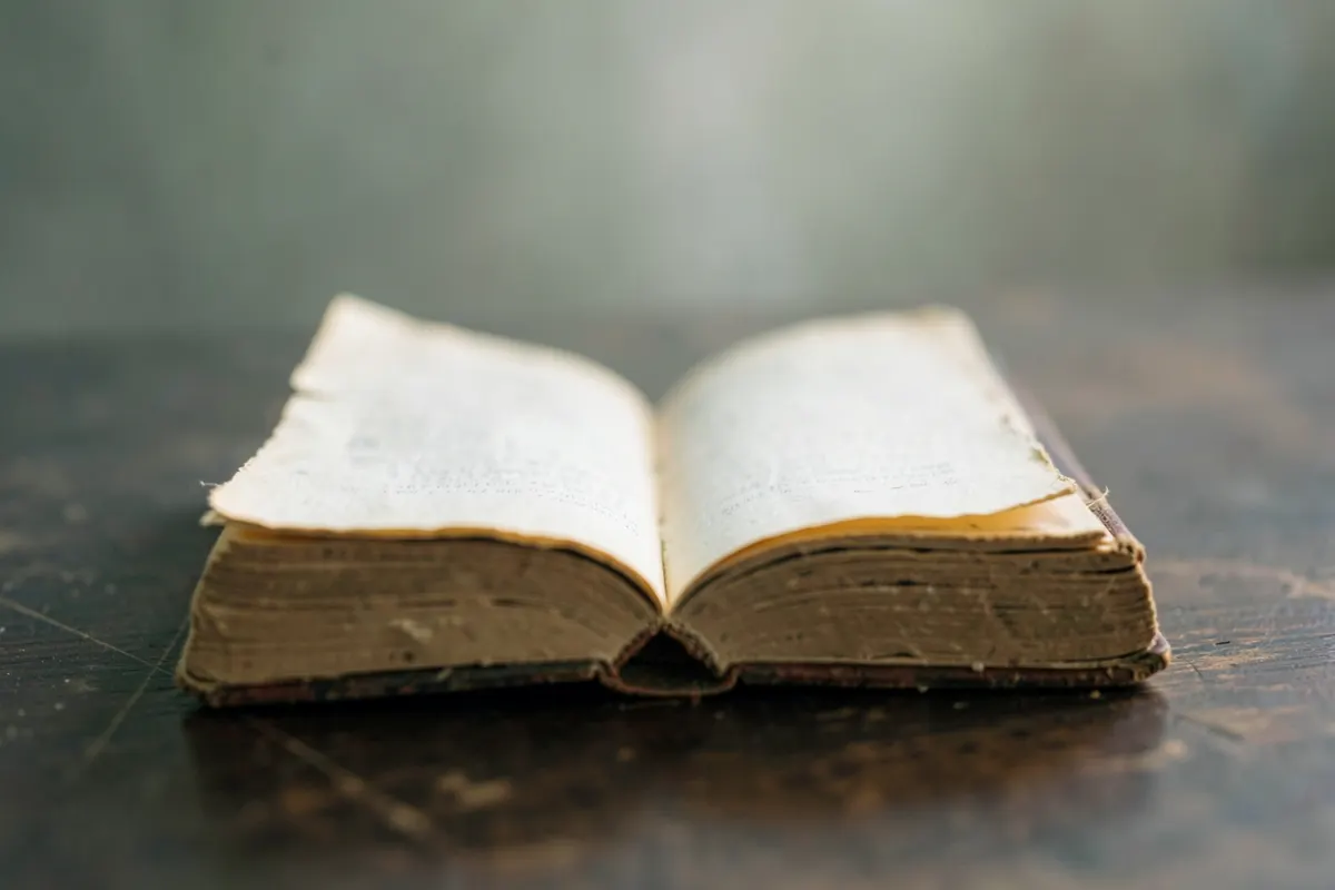 Um close-up de um livro antigo com a capa desgastada, com páginas amareladas visíveis, sobre uma mesa de madeira escura. A luz suave vem de cima, iluminando o centro do livro.