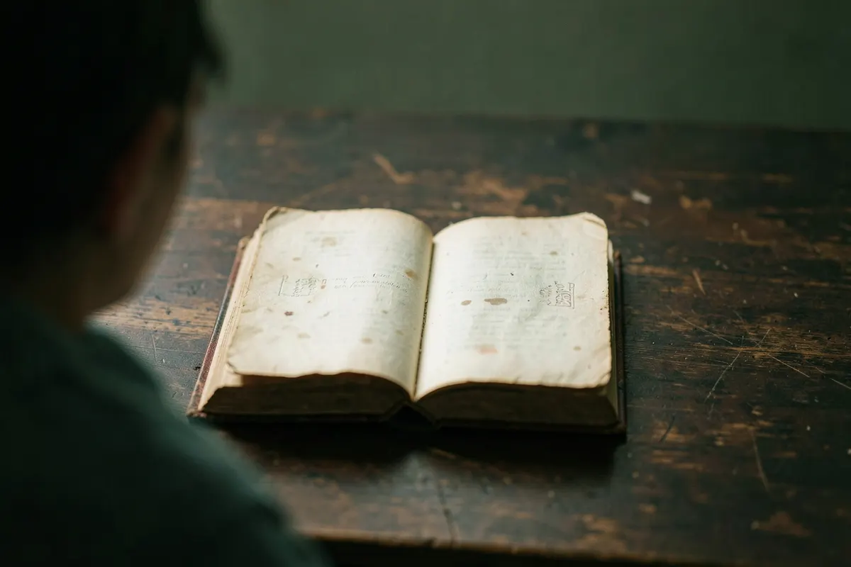 Um close-up de um livro antigo com a capa desgastada, com páginas amareladas visíveis, sobre uma mesa de madeira escura. A luz suave vem de cima, iluminando o centro do livro.