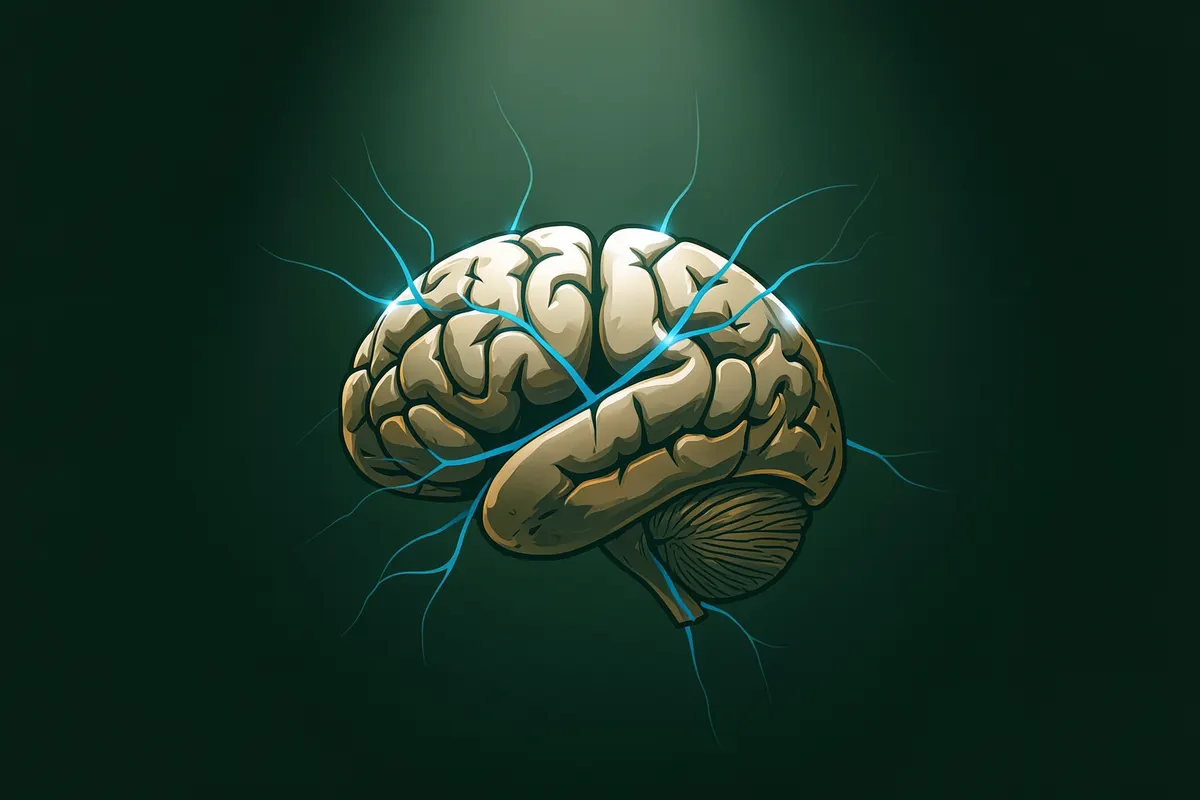 Seção 1: Uma ilustração de um cérebro humano com conexões neurais brilhantes em azul, representando a atividade cerebral durante a ansiedade.
