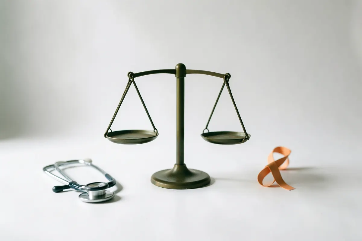 Seção 5: Uma balança de equilíbrio com um lado representando um estetoscópio e o outro um símbolo de saúde mental, indicando o equilíbrio no tratamento médico.