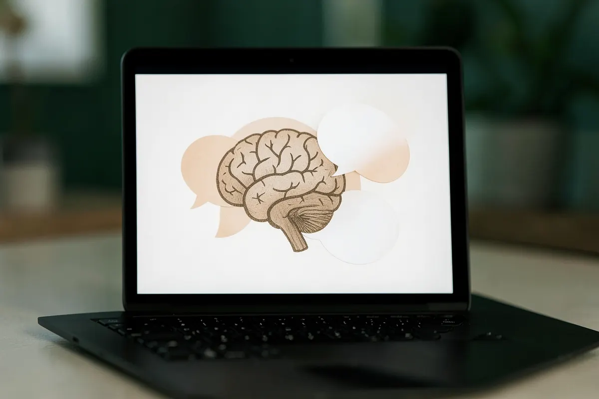 Uma tela de laptop exibindo um gráfico de saúde mental com ícones de cérebro e balões de fala.
