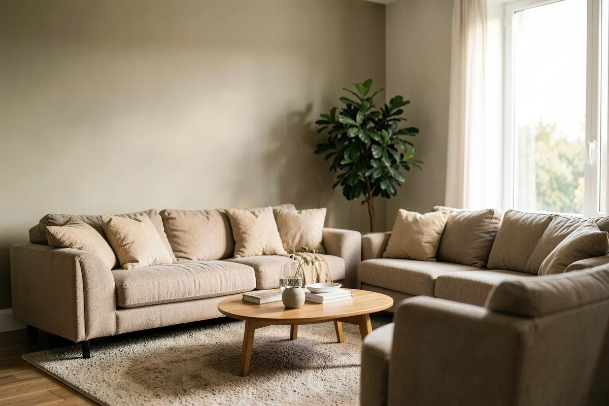 Um ambiente de sala de estar moderno e confortável, com luz natural entrando pela janela e uma planta verde em um canto.