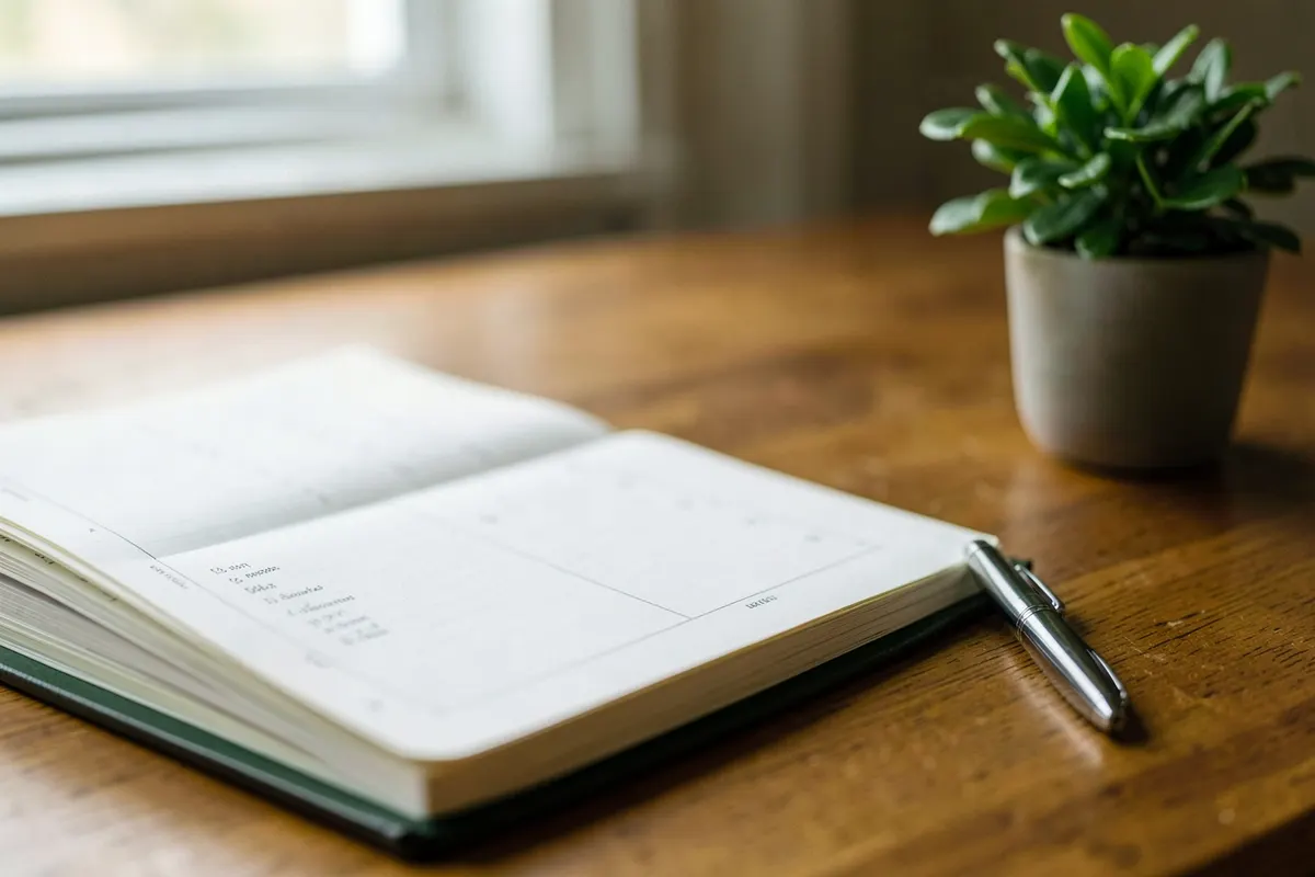 Uma agenda aberta sobre uma mesa de madeira, com uma caneta ao lado e um pequeno vaso de plantas.