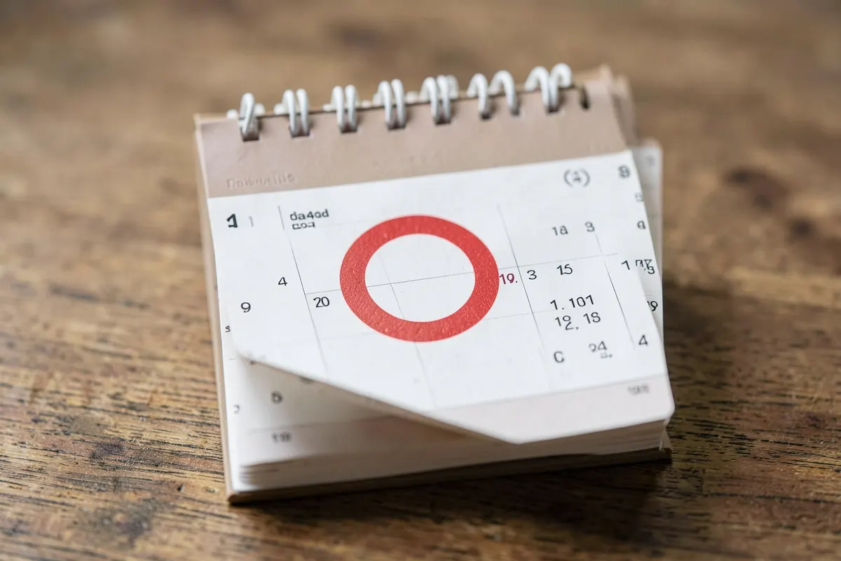 Um calendário com um dia marcado com um círculo vermelho, sobre uma superfície de madeira.