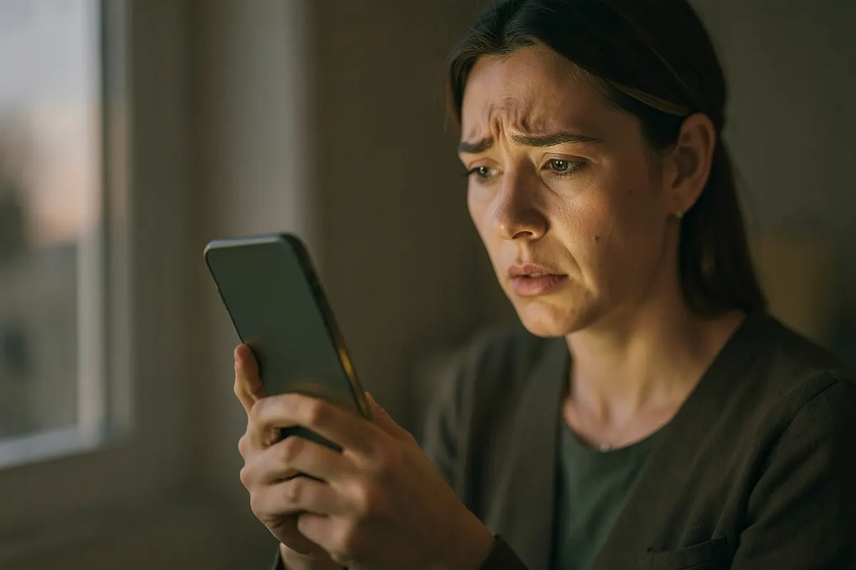 Pessoa olhando para o telefone com uma expressão de preocupação, possivelmente pesquisando ajuda.