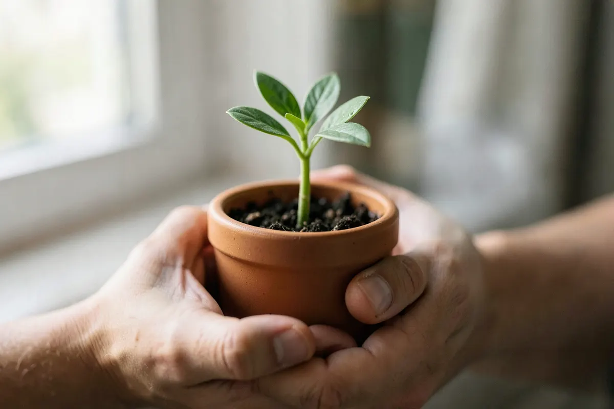 Mãos segurando um pequeno vaso de planta, simbolizando crescimento e cuidado.