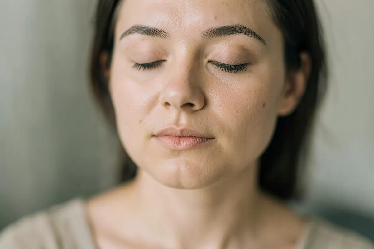 Uma pessoa respirando fundo, com os olhos fechados, em um momento de calma.