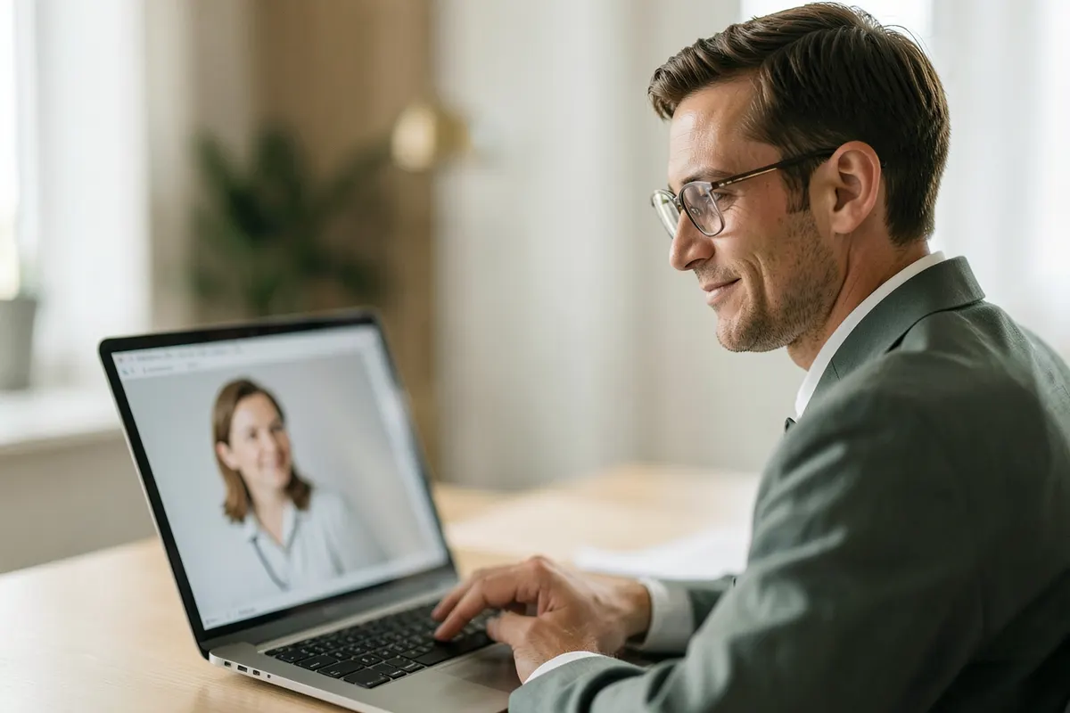 Psiquiatra sorrindo gentilmente para um paciente durante uma consulta por videochamada em um laptop.