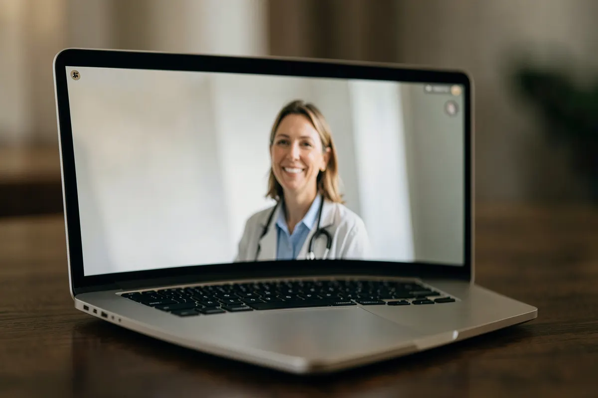 Laptop aberto exibindo uma interface de videochamada com um psiquiatra na tela, em uma mesa de madeira.