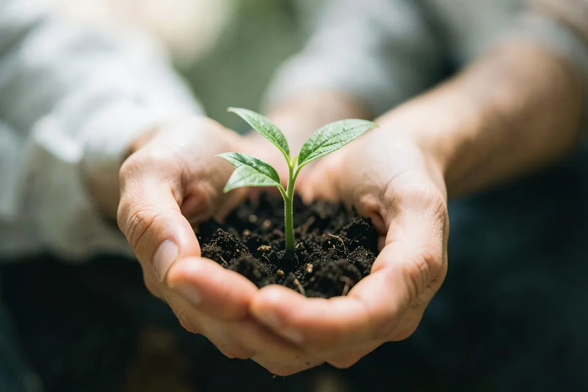 Mãos segurando um pequeno broto de planta crescendo em terra, simbolizando o início de um processo de cuidado.